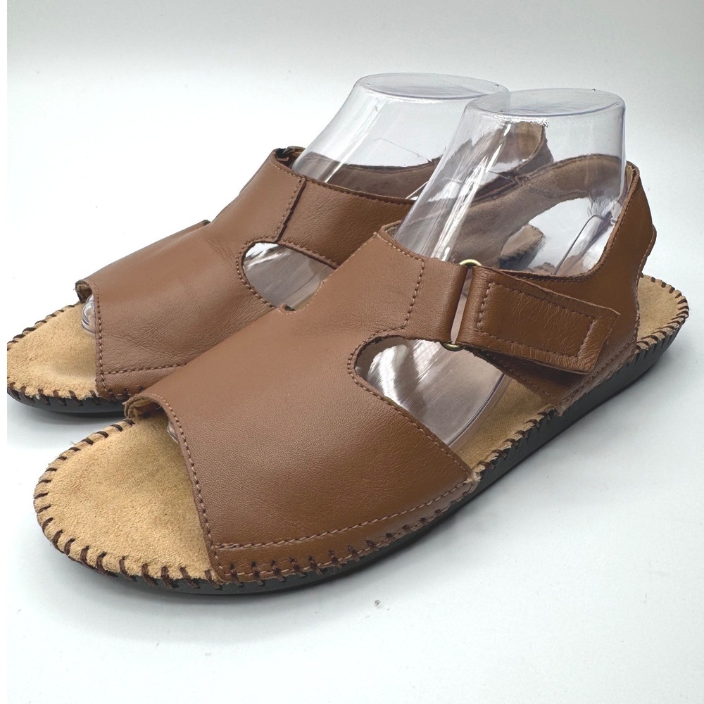 Naturalizer Womens Brown Leather Flat Sandals Whipstitch Slingback 9.5